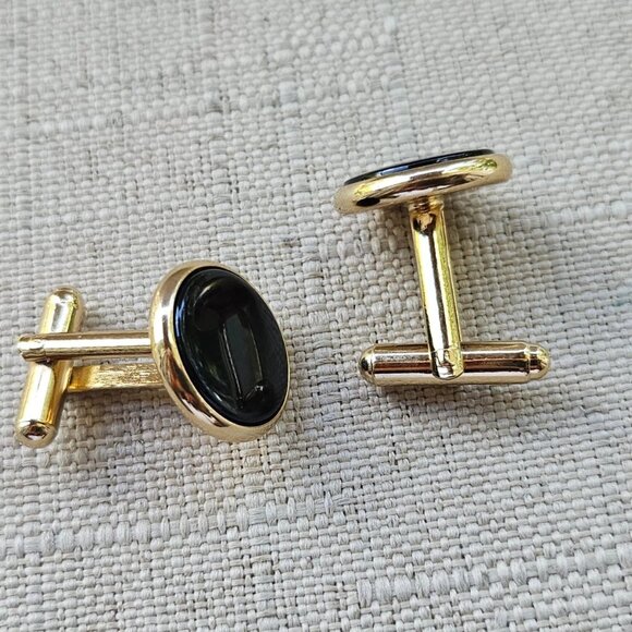 Men Shirt Cuff Links Gold Tone Fashion Men Jewelry Black Centered Cufflinks - Picture 6 of 11